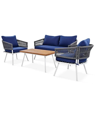 Outdoor 4-Piece Boho Rope Patio Furniture Set with Acacia Wood Table, Patio Conversation Set with Deep Seating & Thick Cushion