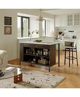Kitchen island with 2 drawers, iron feet, island storage table with dining table, coffee station and microwave rack for home, dining room, marble and