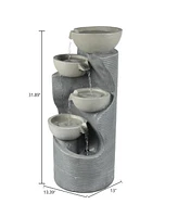 LuxenHome Modern Gray Resin Tiered Bowls Outdoor Fountain with Lights