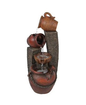 LuxenHome Rustic Resin Pots and Posts Outdoor Fountain