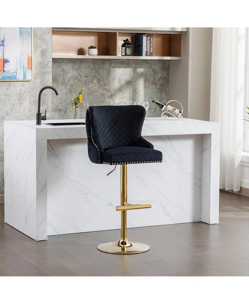 Velvet Adjustable Bar Stool with Tufted Backrest Lion Head Ring and Gold Metal Base for Kitchen Island Dining Room or Home Set of 1-The Pop