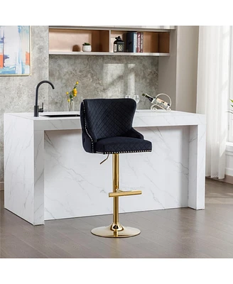 Velvet Adjustable Bar Stool with Tufted Backrest Lion Head Ring and Gold Metal Base for Kitchen Island Dining Room or Home Set of 1-The Pop