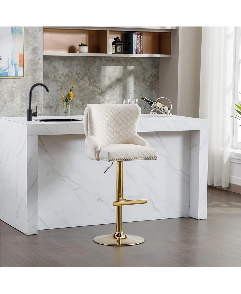 Velvet Adjustable Bar Stool with Tufted Backrest Lion Head Ring and Gold Metal Base for Kitchen Island Dining Room or Home Set of 1-The Pop
