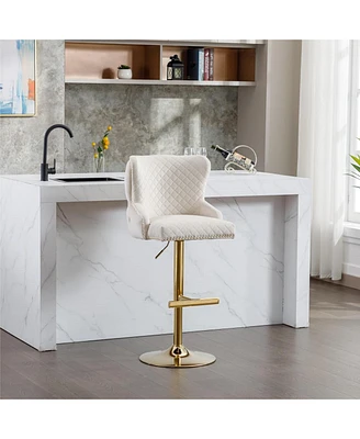 Velvet Adjustable Bar Stool with Tufted Backrest Lion Head Ring and Gold Metal Base for Kitchen Island Dining Room or Home Set of 1-The Pop