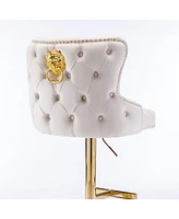 Velvet Adjustable Bar Stool with Tufted Backrest Lion Head Ring and Gold Metal Base for Kitchen Island Dining Room or Home Set of 1-The Pop