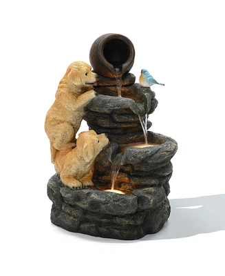 LuxenHome Puppy Rock Tower Farmhouse Resin Outdoor Fountain with Lights