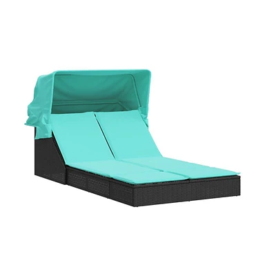 Double Sun Lounger with Canopy and Cushions Poly Rattan