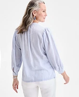 Style & Co Women's Cotton Stripe Lace-Bib 3/4-Sleeve Top, Exclusively at Macy's