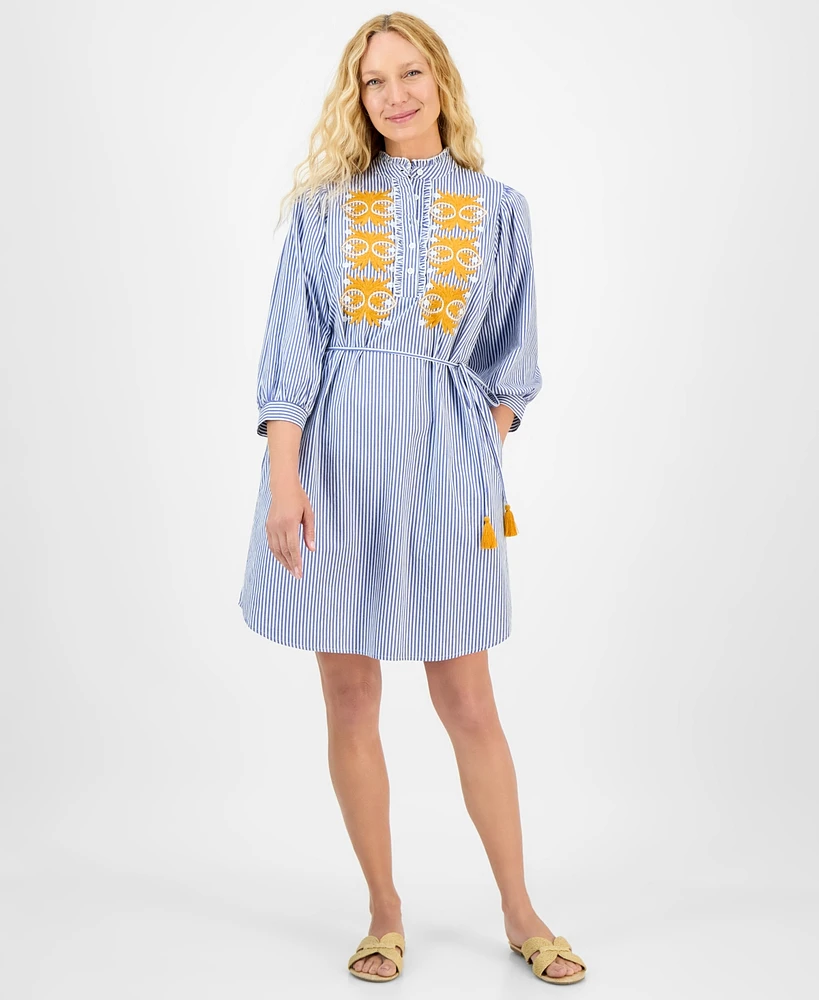 julia jordan Women's Striped Embroidered Tie-Waist Dress