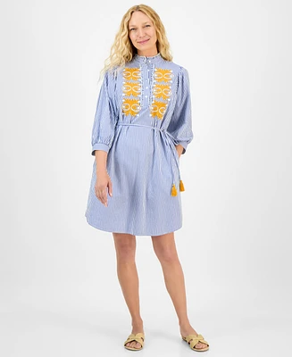 julia jordan Women's Striped Embroidered Tie-Waist Dress