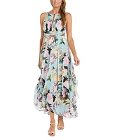 R & M Richards Petite Printed Halter-Neck Ruffled Sleeveless Gown