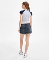 Just Polly Juniors Star Applique Raglan Sleeve T Shirt Celebrity Pink Juniors Double Button Denim Mini Skirt