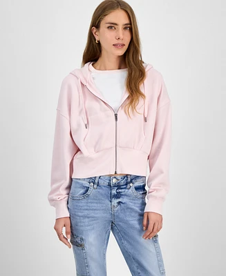 Hippie Rose Juniors' Drop-Shoulder Full-Zip Cropped Hoodie