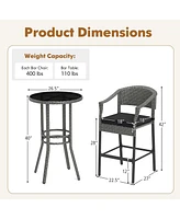 3-Piece Patio Rattan Bar Set Wicker Bar Height Armchairs & Round Table