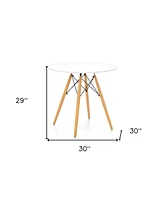 Contemporary Round Dining Table – Glossy Fiberglass Surface & Tapered Wood Legs
