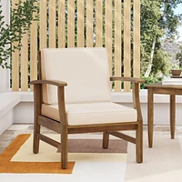 Acacia Wood Outdoor Lounge Chair with Cream White Cushion, Slat Panel Design Frame and Water-Resistant Cushion