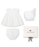 Hope & Henry Baby 3 Piece Special Occasion Linen Pintuck Dress, Diaper Cover, Bonnet Boxed Gift Set