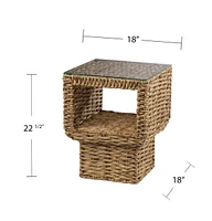 Square End Table with Glass Top and Rattan Wicker Base for Indoor Use