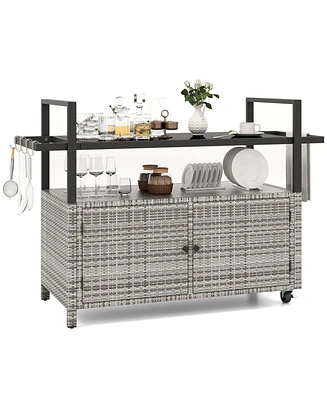 Outdoor Bar Cart Wicker Buffet Serving Cart with Cabinet and 8 Hooks