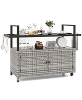 Outdoor Bar Cart Wicker Buffet Serving Cart with Cabinet and 8 Hooks