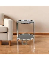 Contemporary Round Mirrored End Table with Glass Top and Shelf