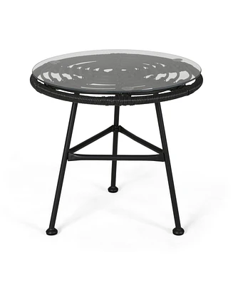 Modern Outdoor Metal Side Table with Thin Angled Legs, Tempered Glass Top