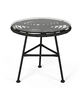 Modern Outdoor Metal Side Table with Thin Angled Legs, Tempered Glass Top