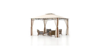 12 x 10 Feet Outdoor Patio Gazebo with Netting and 2-Tier Canopy Roof