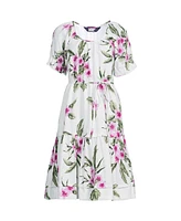 Lands' End Women's Puff Sleeve Pleated Linen Knee Length Dress