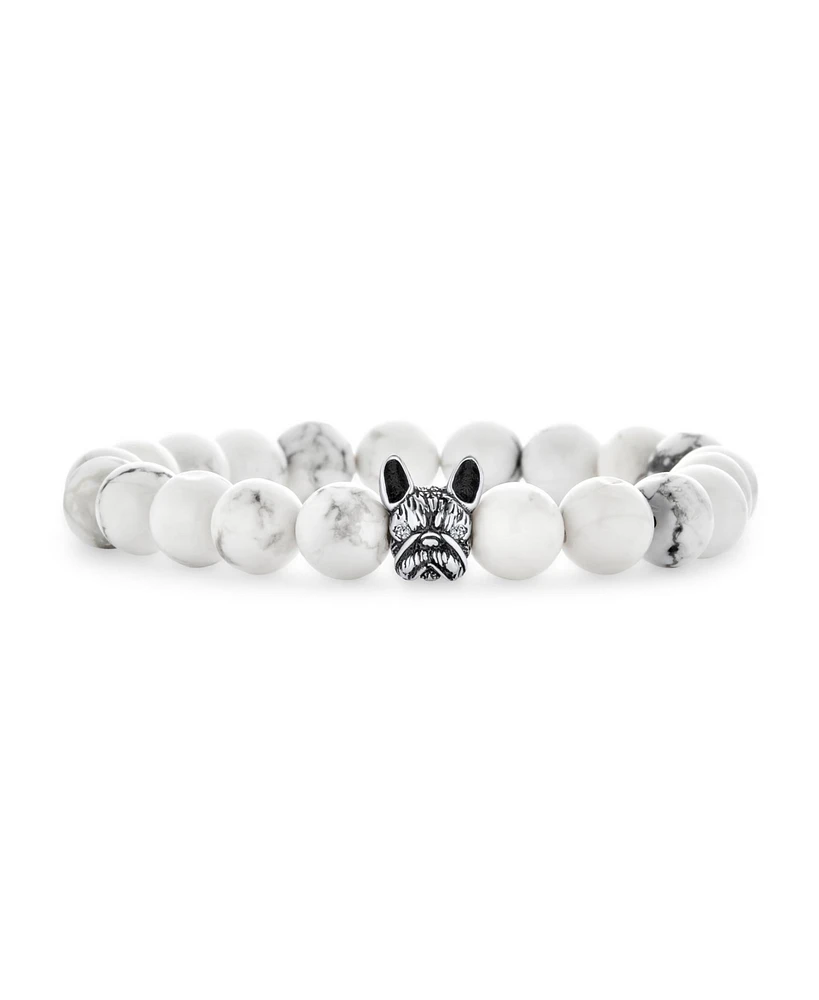 Bling Jewelry Pet Animal Charm Frenchie Dog Boxer Natural White Howlite Bead Stretch French Bulldog Bracelet Oxidized Silver Plated Adjustable