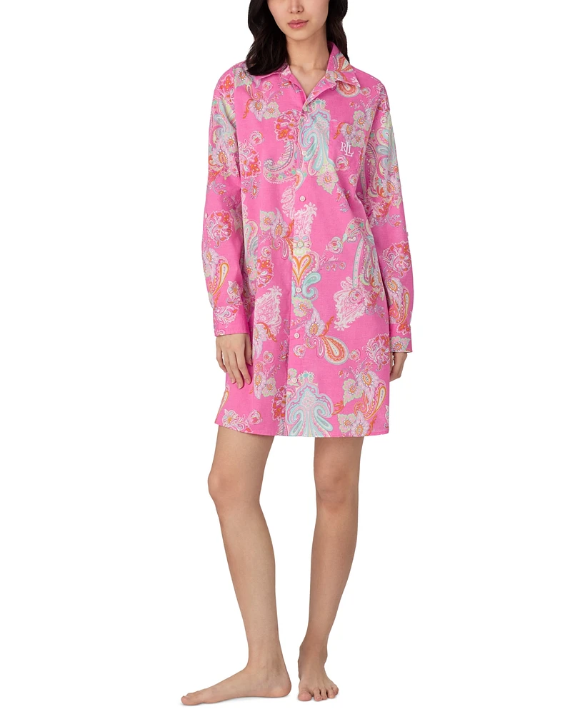 Lauren Ralph Women's Roll-Tab-Sleeve His Shirt Sleepshirt