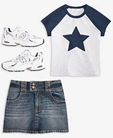 Just Polly Juniors Star Applique Raglan Sleeve T Shirt Celebrity Pink Juniors Double Button Denim Mini Skirt