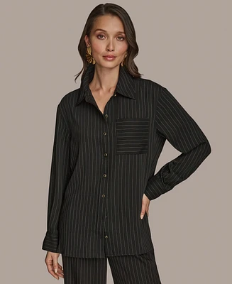 Donna Karan New York Women's Long Sleeve Pinstripe Button-Down Shirt, Regular & Petite
