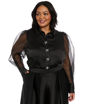 Muse Plus Bow-Trim Bishop-Sleeve Blouse
