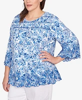 Ruby Rd. Plus Oceanic Paisley Embroidered Crew Neck Top