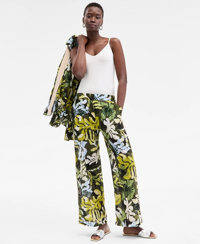 On 34th Women's Leaf-Print Crochet-Trim Wide-Leg Pants, Exclusively at Macy's