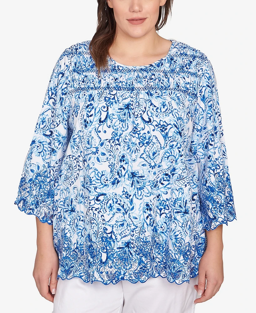 Ruby Rd. Plus Oceanic Paisley Embroidered Crew Neck Top