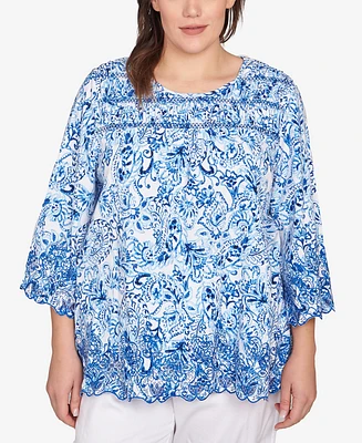Ruby Rd. Plus Oceanic Paisley Embroidered Crew Neck Top