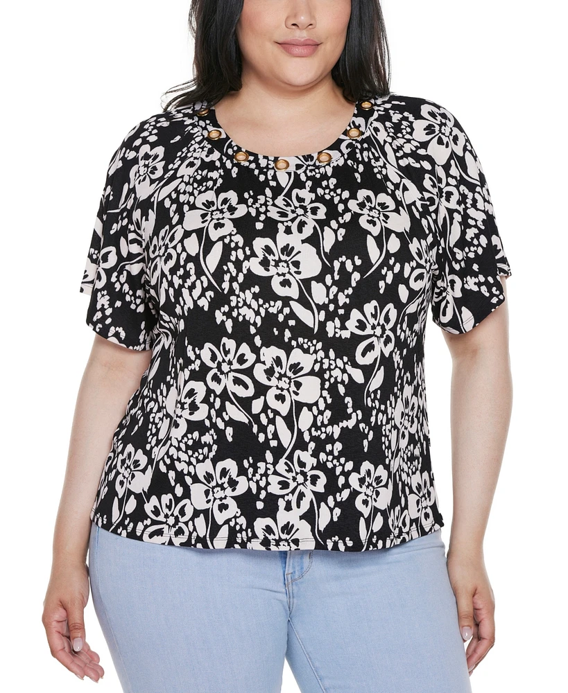 Belldini Plus Grommet Detail Floral Short Sleeve Knit Top