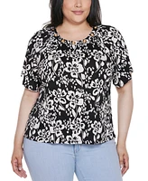 Belldini Plus Grommet Detail Floral Short Sleeve Knit Top