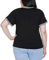 Belldini Plus Crochet-Trim Short Sleeve Knit Top