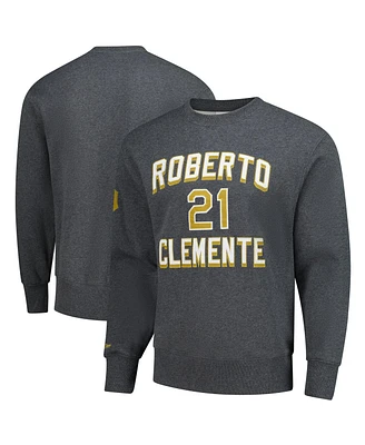Mitchell & Ness Men's Roberto Clemente Heather Charcoal Pittsburgh Pirates Legends Collection Vintage Logo Name Number Fleece Pullover Sweatshirt