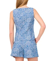 Cece Womens Floral Jacquard Denim Button Front Vest Belted Floral Jacquard Denim Shorts