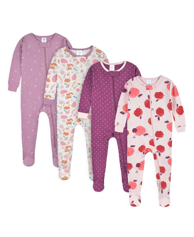 Gerber Baby Girls 4-Pack Snug Fit Footed Cotton Pajamas, Apple & Woodland Floral, 12 Months