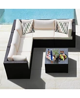 Gymax 6PCS Rattan Patio Sectional Sofa Conversation Set Outdoor w/ Beige Cushions