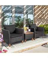 Gymax 3PCS Patio Furniture Set Conversation Bistro Set w/ Acacia Wood & Cushions Black