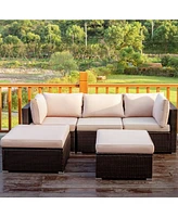 Gymax 5PCS Rattan Patio Conversation Set Outdoor Furniture Set w/ Ottoman Cushion