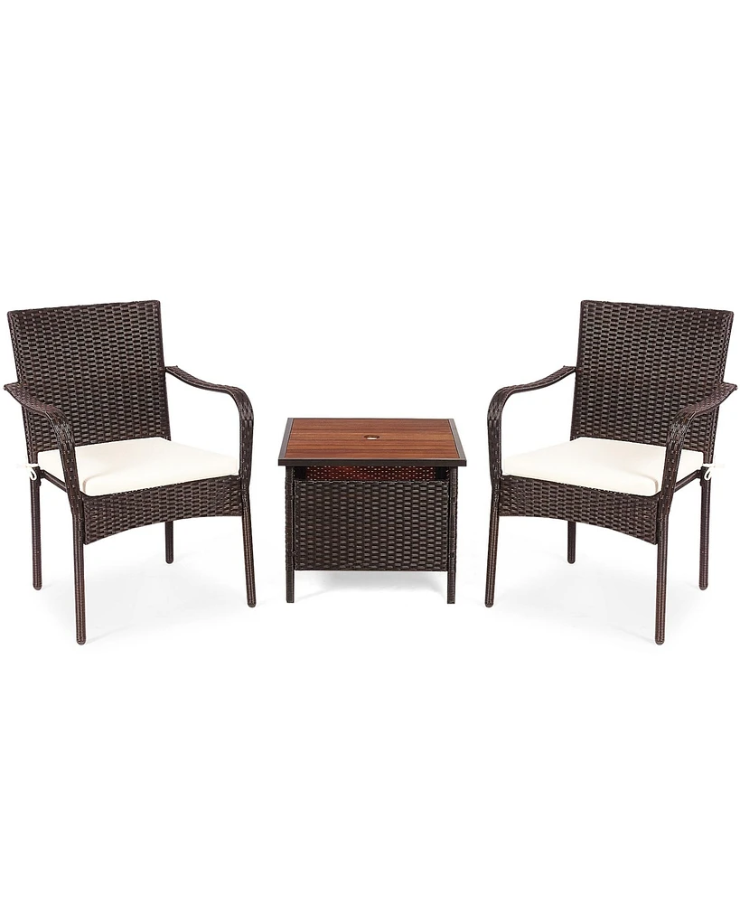 Gymax 3PCS Outdoor Patio Bistro Set Pe Rattan Conversation Set w/ Umbrella Hole