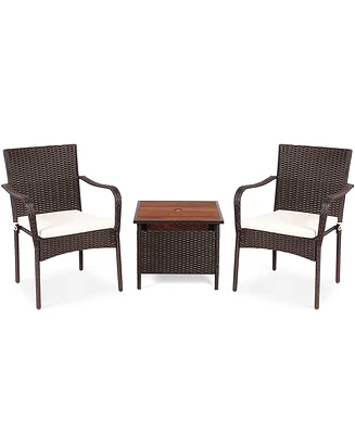 Gymax 3PCS Outdoor Patio Bistro Set Pe Rattan Conversation Set w/ Umbrella Hole