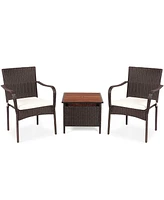 Gymax 3PCS Outdoor Patio Bistro Set Pe Rattan Conversation Set w/ Umbrella Hole